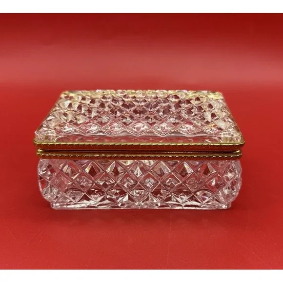 Baccarat StyleFrench Diamond Cut Crystal Jewelry Casket Brass Hinged Trinket Box