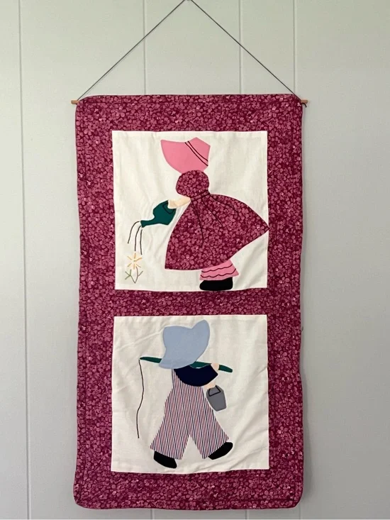 Vintage Handmade Sunbonnet Sue Overall Sam Appliqué Fabric Wall Hanging