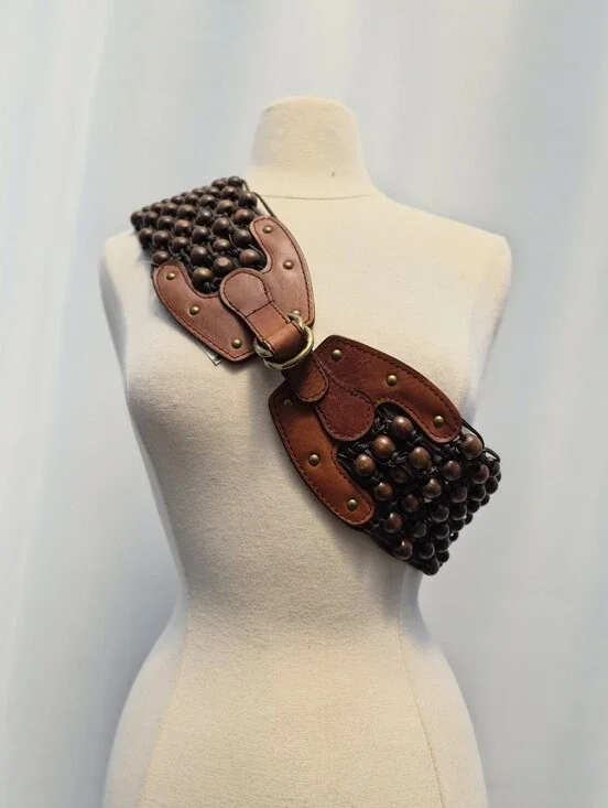Michael Kors Vintage Boho Wood Bead Macrame Statement Waist Belt S/M Resortwear‎