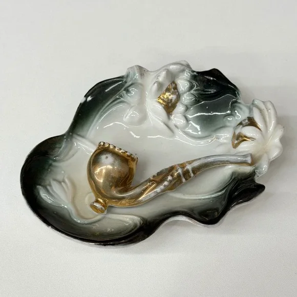 Vintage Porcelain Pipe Ashtray Trinket Dish Green Ombre Gold Gilt Figural 4.5