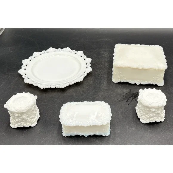 Lot Of 4 Antique Jenny Lind Fostoria Vanity Pieces Milk Glass & Dish