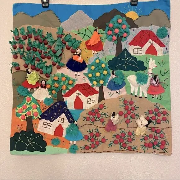 Vintage Peruvian Arpillera Wall Hanging Textile Folk Art Hand Embroidered 3D
