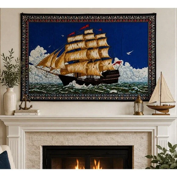 Vintage Turkish Sailing Ship Velour Wall Tapestry 100% Cotton 57x38 Nautical