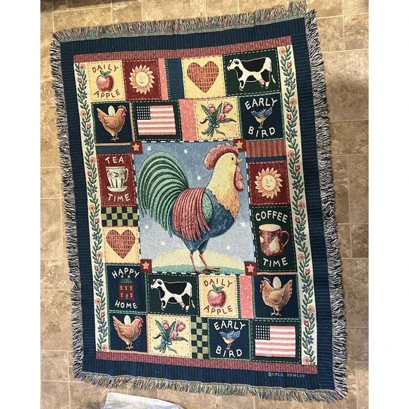 Coco Dowley Rise & Shine Americana Rooster Tapestry Blanket Farmhouse