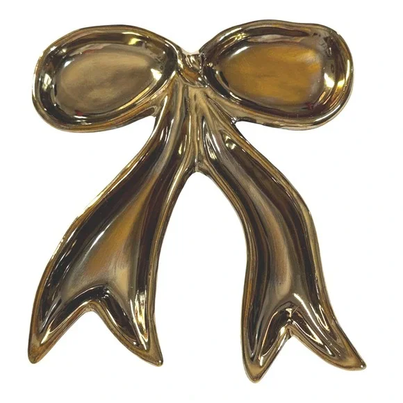 Gold Ceramic Bow Trinket Dish Jewelry Tray Metallic Ribbon Decorative Coquette