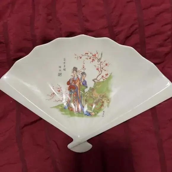 Chinese Fan Shaped Ceramic Trinket 10” “Jade Maidens Auspicious Blessings”