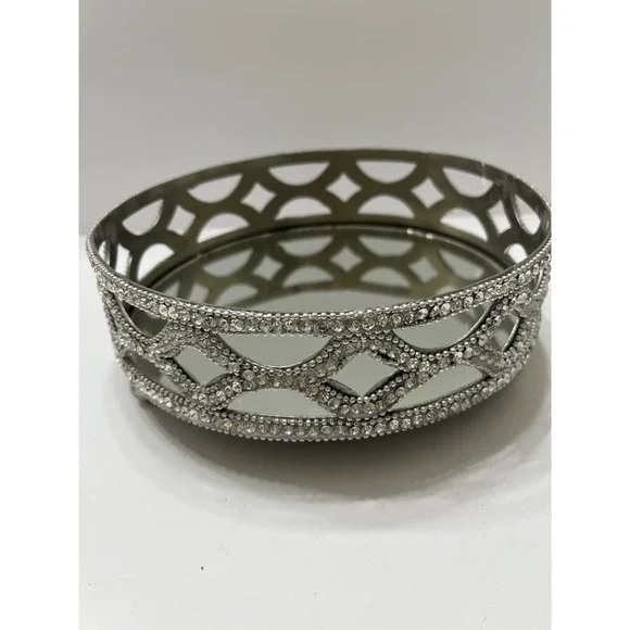 Godinger Vanity Tray Round Mirror Crystal Rhinestones Silver Tone 8