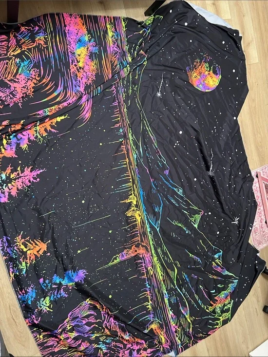 Neon Mountain Night Sky Tapestry - Black with Rainbow Accents