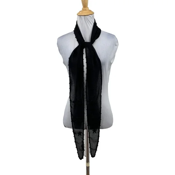 Michael Stars Belt Womens Black Sheer Sash Beaded Trim Star Motif Tie Waist