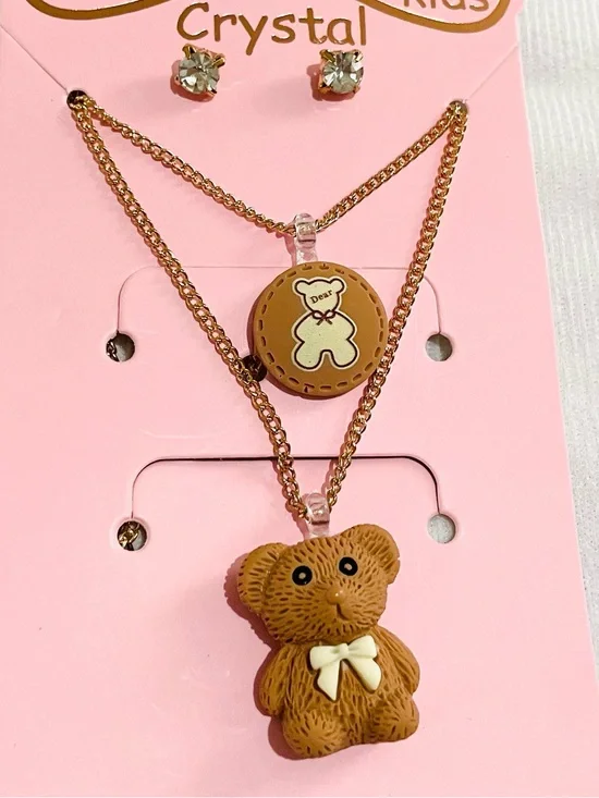 Kids Bear Necklace Set - Brown Teddy Pendant