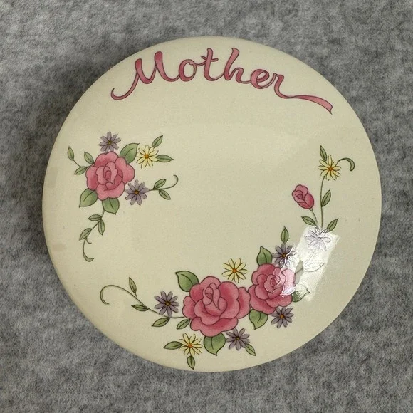 Vintage Porcelain Mother Trinket Box Japan Cream Pink Green with Gilded Gold Bow