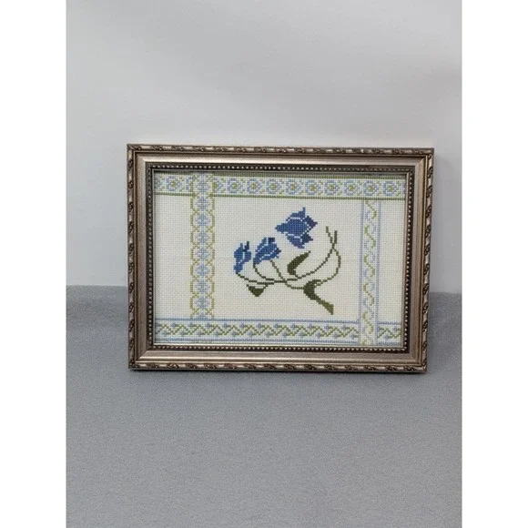 Vintage Framed Blue Bell Flower Cross Stitch Needlepoint Embroidery Cottage