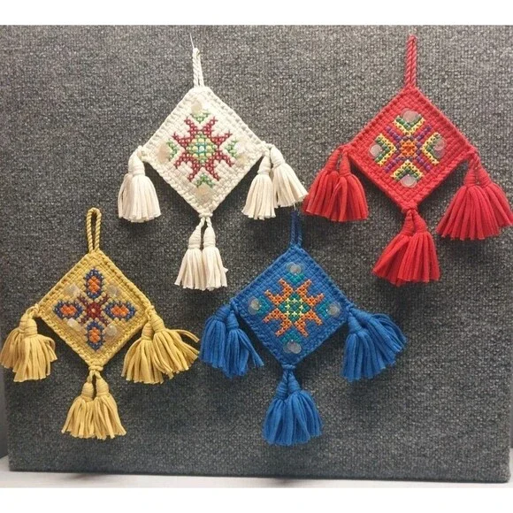 Vintage 70s Boho Yarn Wall Hanging Set of 4 Mini Tassel Folk Art Plaques 4