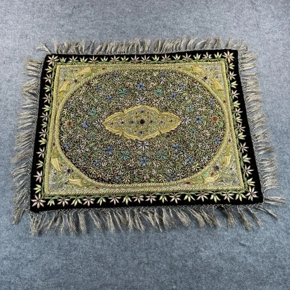 Vintage India Embroidered Wall Hanging Tapestry Beaded Ornate Black Gold Velvet