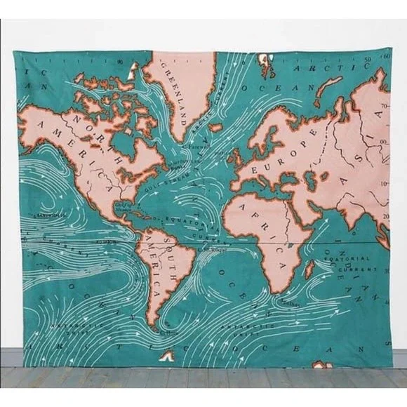 Urban Outfitters 4040 Locust World Map Tapestry Wall‎ Hanging Teal Pink 84X100