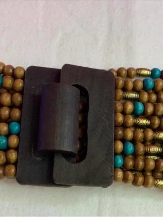 Wood Beaded Multi-Strand Stretch Belt  with Turquoise Accents