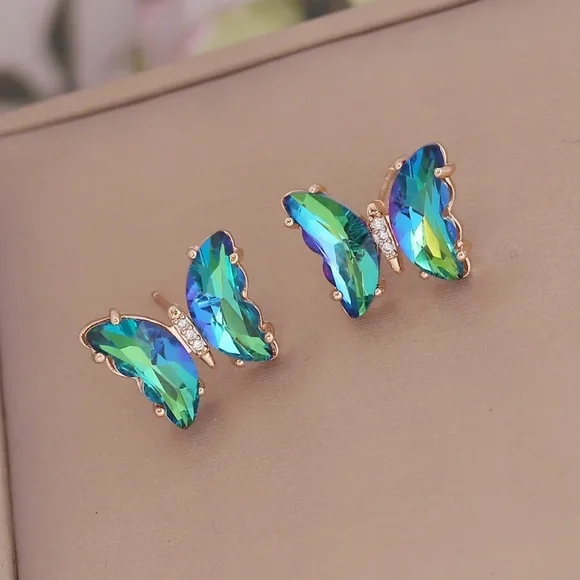 Green Butterfly Earrings Rhinestones Gold Tone Setting