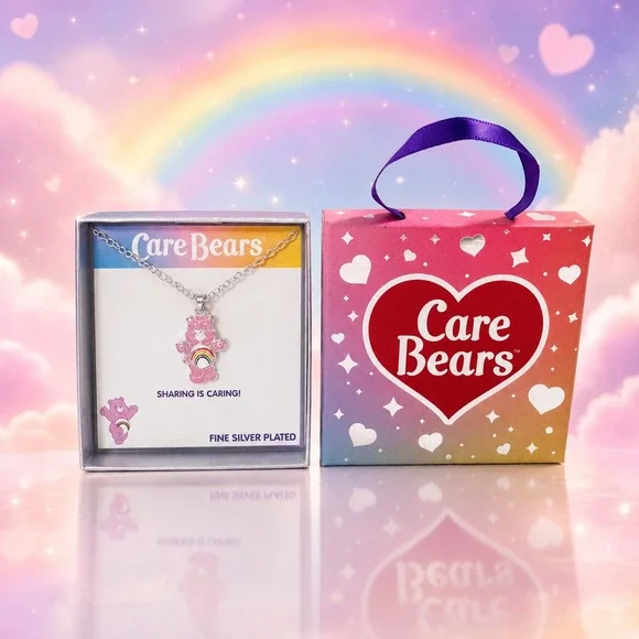 Care Bears Share Bear Fine Silver-Plated Pendant Necklace Gift Box New
