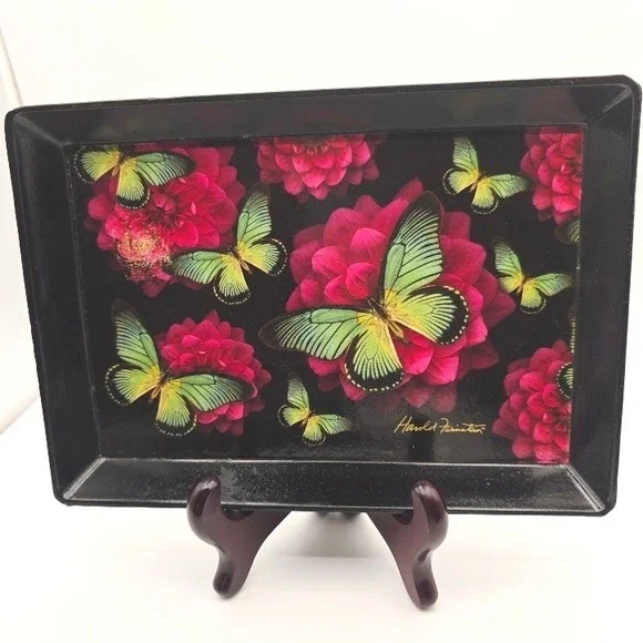 VTG Harold Feinstein Butterfly Floral Tray Trinket Dish Black‎ Pink 8