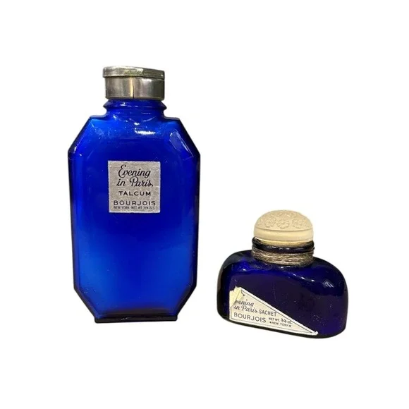 Bourjois Cobalt Blue Evening in Paris Talcum and Sachet Vintage Bottles Set