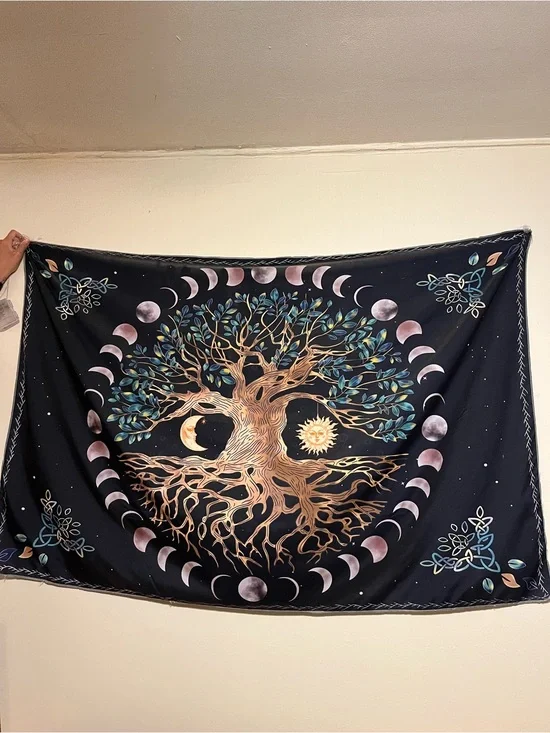 Black Tree of Life Wall Tapestry with Moon & Sun Design