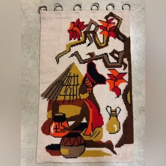 Vintage MCM Handmade Needlepoint Crewel Tapestry African Wall Hanging Art Decor