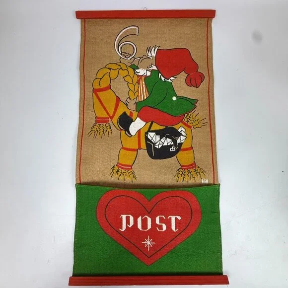 Vintage Swedish Christmas Jute Tapestry Mail Pocket Gnome On Straw Goat Wall Han