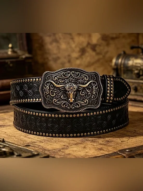 Western Belt Black PU Leather Western Belt with Antiqued Gold Longhorn Buckle