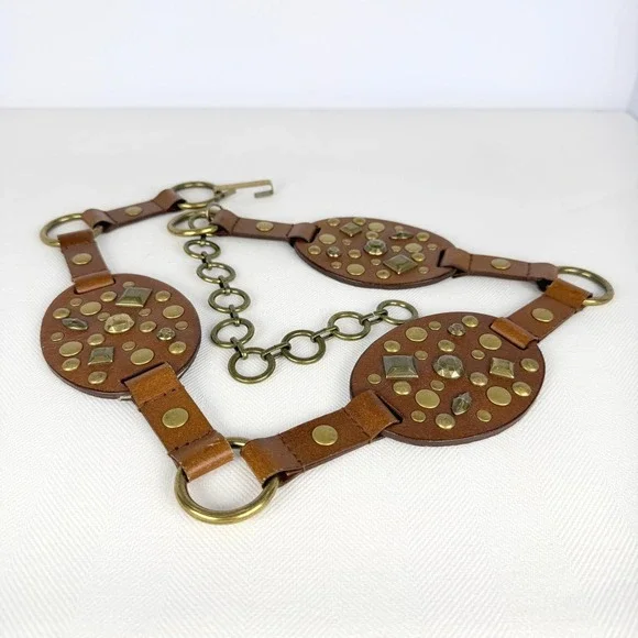 Boho Fossil Brown Leather Studded Chain Belt Vintage Brass Hardware O-Ring Large
