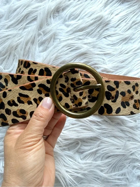 Genuine Leather Leopard Print Hair On Hide Belt Round Brass Buckle Size Medium