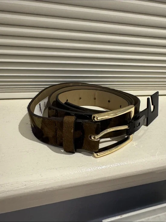 Express Brown Haircalf Belt with Gold Buckle