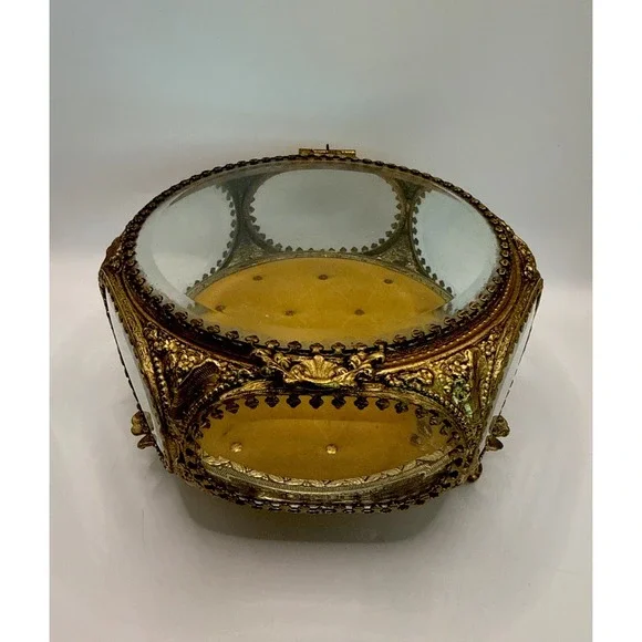 VTG Gold Gilt Ormolu Filigree Floral Bouquet Octagon Casket Trinket Jewelry Box