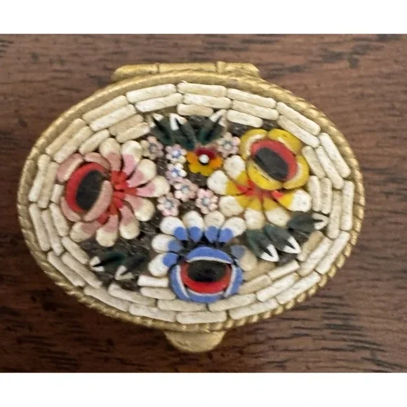 Vintage Italian Micro Mosaic Floral Pill Trinket Hinged Box Gold Frame 1.25