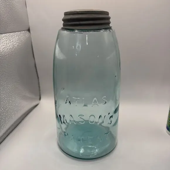 Vintage Atlas Mason’s Patent Nov 30 1858 Aqua Glass Canning Jar w Zinc Lid A+
