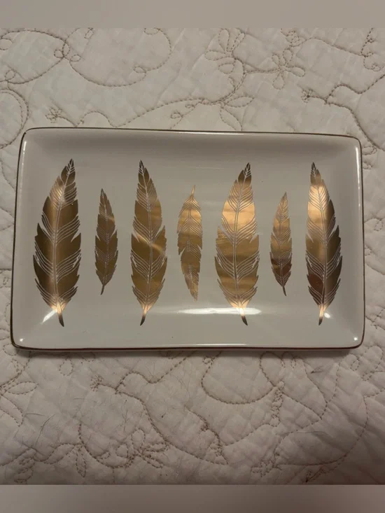 White Ceramic Tray with Gold Feather Design