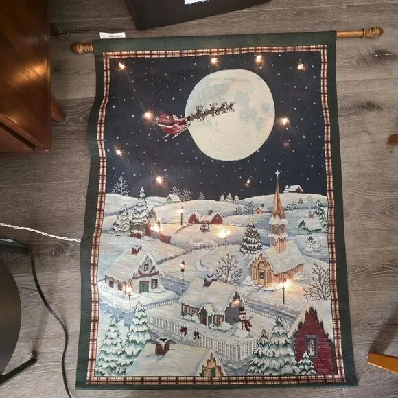 Wall Hanging Tapestry Winter Village Scene Textile Art Nostalgic W/ Lights USA