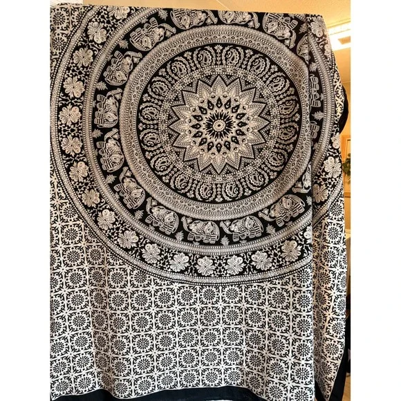 Vintage Black White Elephant Mandala Cotton Tapestry Wall Hanging Made in India