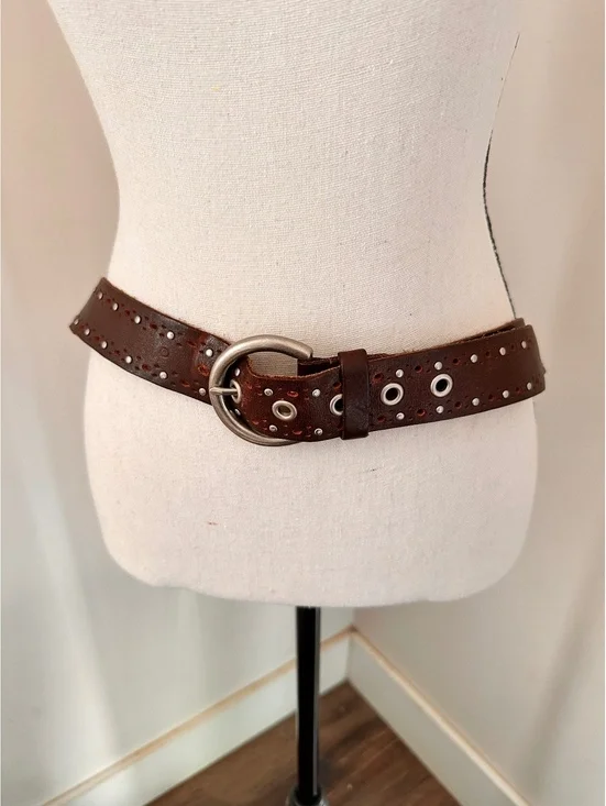 Brown Leather Belt with Silver Eyelets and Round Buckle, Approximately 42 Inches