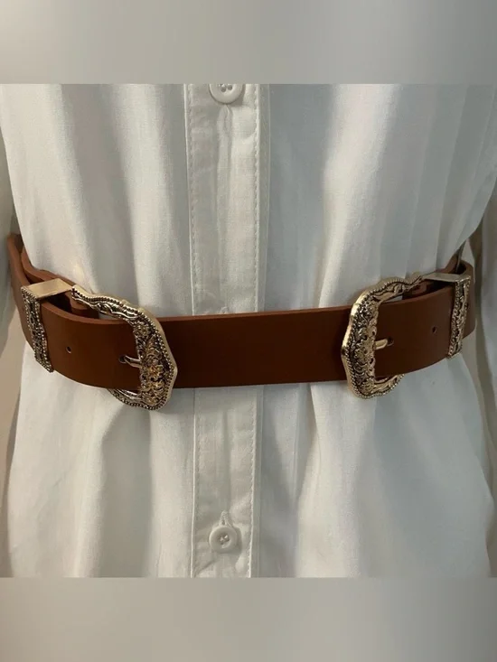 Brown PU leather distressed gold  tone double buckle adjustable skinny belt