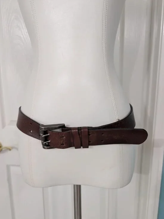 VTG Levi's Women's Sz 34 Brown Leather Belt W American Flag Double Prong Buckle