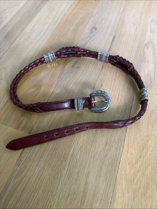 Vintage Braided Leather Belt in Burgundy with Silver Buckle