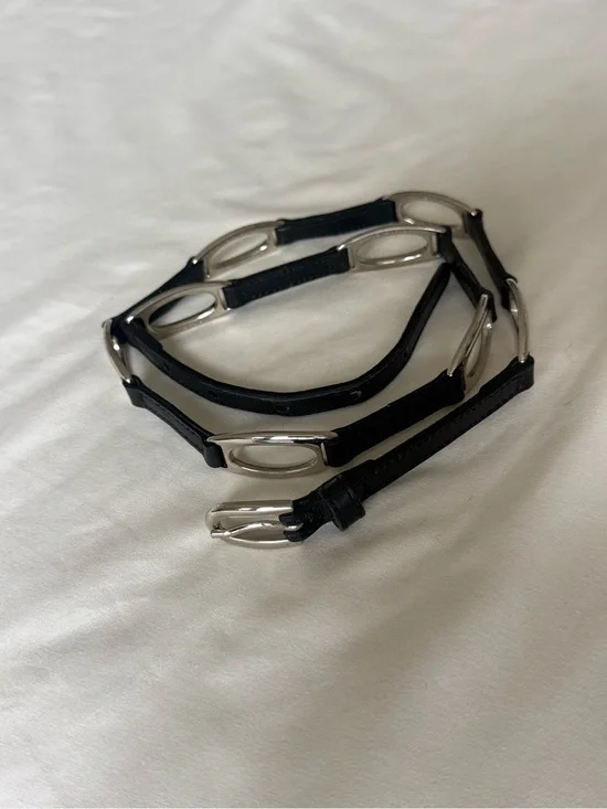 Vintage 90s-Y2K Italian Black Leather Link Waist Belt with Silver Hardware |