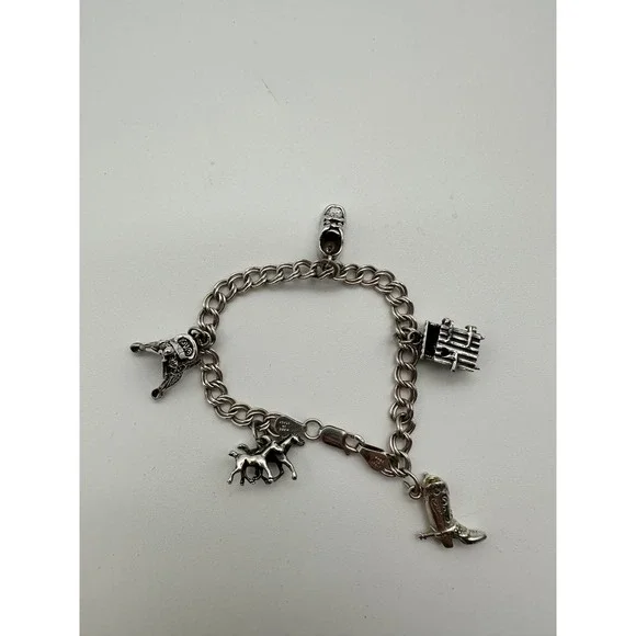 Kids Sterling Silver 925 Western Charm Bracelet Horses Boot Outhouse 22g Italy