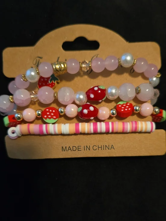 Kids Strawberry Pink Beaded Bracelet Set