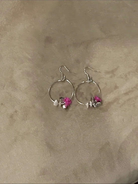 Silver Hoop Earrings with Pink Accent Beads - Women Jewelry