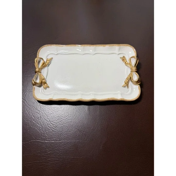 Vintage Style White Ceramic Vanity Tray with Gold Bow Accents Scalloped Edge