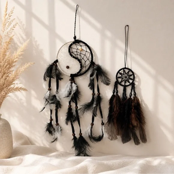 Boho Dream Catcher Bundle Set of 2 – Yin Yang & Black Feather Wall Hanging Decor