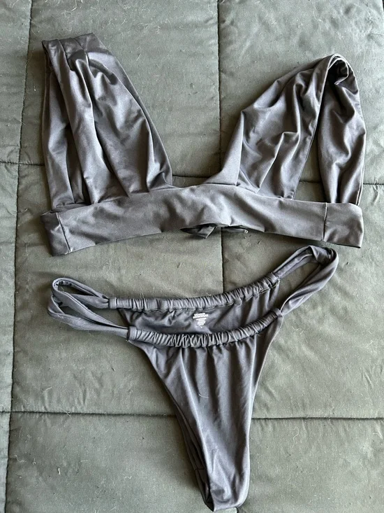 Monday Swimwear Black Ruched Bottoms and Wide Strap Top Bikini Set