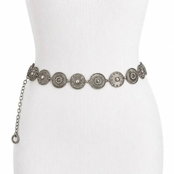 Chain Belt Women One Size Silver Medallion Rhinestone Boho Western