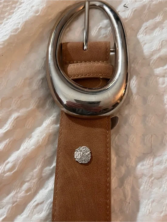 Vince Camuto Tan Suede Belt with Silver Oval Buckle